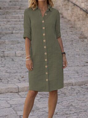 Olive Green Army Green 3/4 Sleeve Shirt Dress Midi Dress size XXL